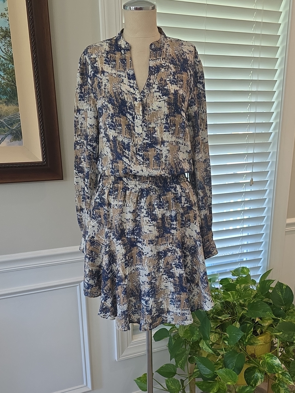 Esley Blue and Tan Abstract Print Mini Dress